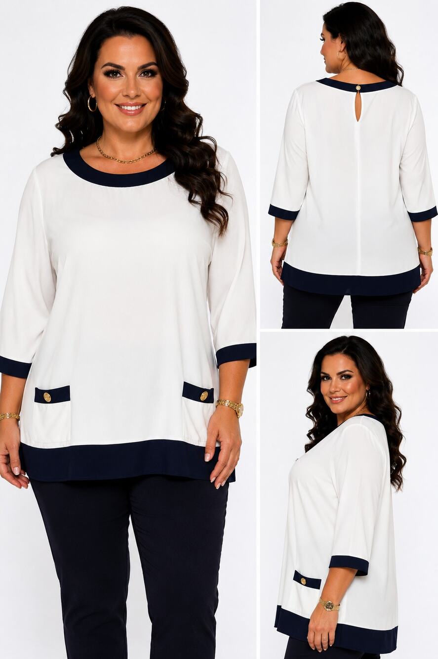 Talbots Woman 2X White Blouse Navy Contrast Trim Tunic Top Gold Buttons